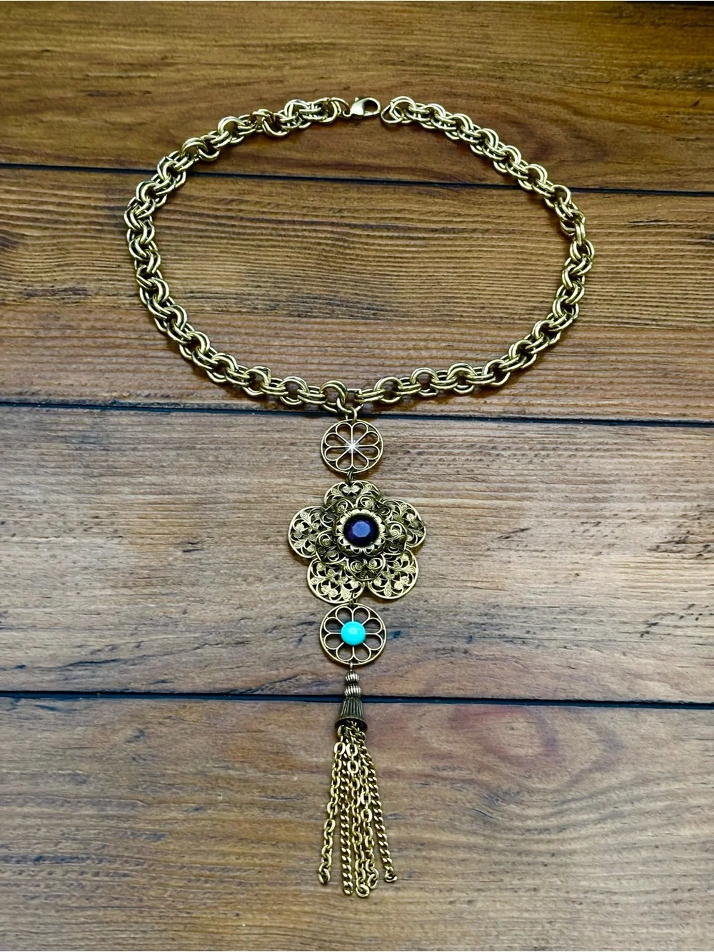 Gold-Tone Floral Filigree Pendant Necklace with Purple and Blue Accents
